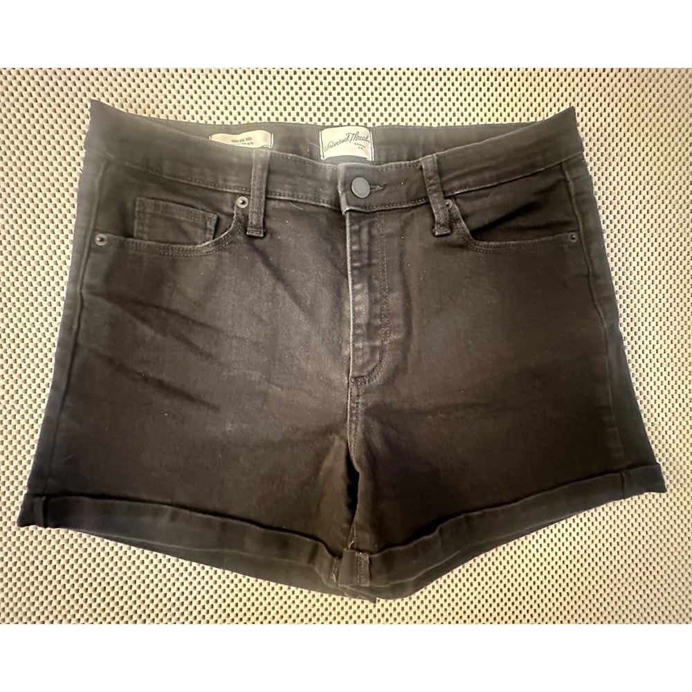 Universal Thread Black HIGH RISE MIDI Shorts 12 Rolled Cuff Denim Black Stretch